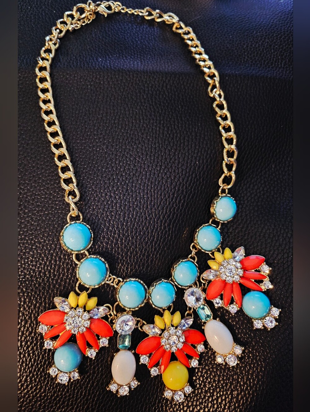 24"Charming Charlie Multi-Color Floral Cluster Statement Bib Necklace Gold Tone